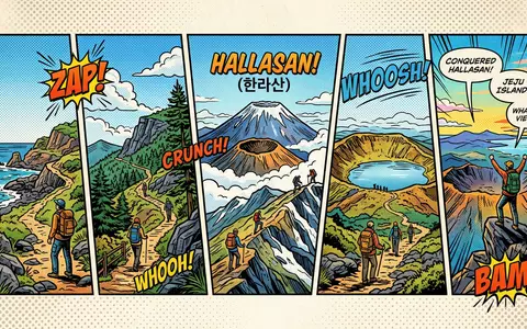 Pop-Art-Comicillustration des Wahrzeichens Hallasan Jeju in Jeju Südkorea, kraeftige Konturen Rasterpunkte und satte Farben - Foto: THN