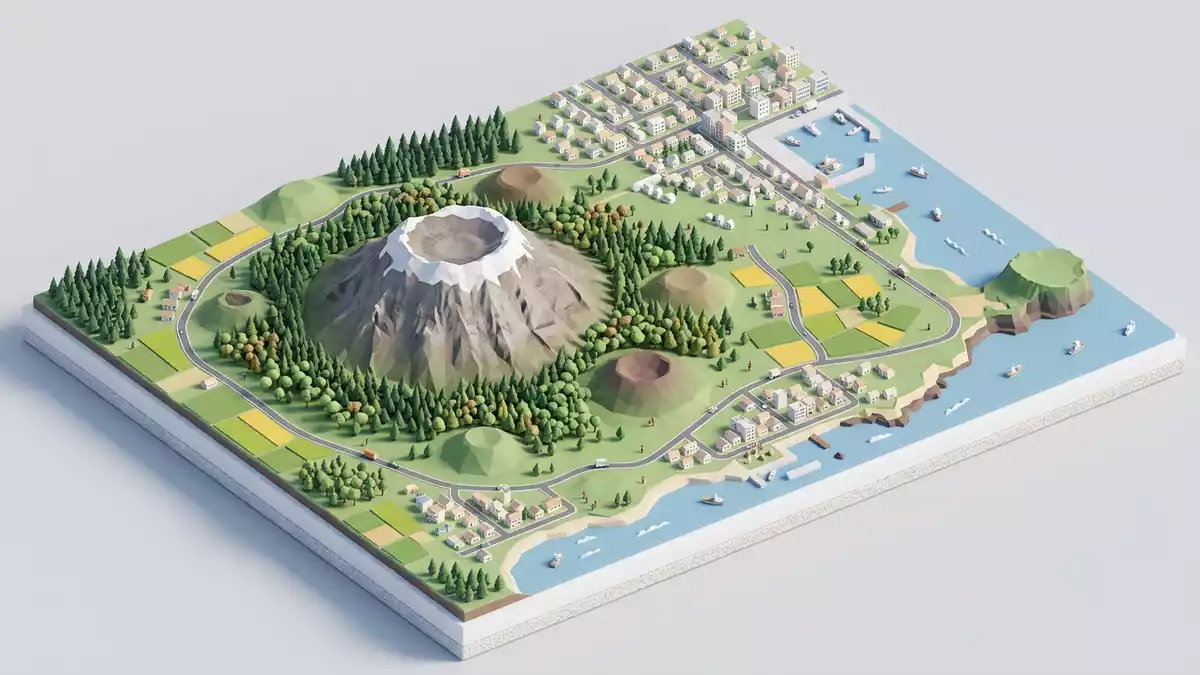 Isometrisches Diorama von Hallasan Jeju in Jeju, Südkorea in Pastell