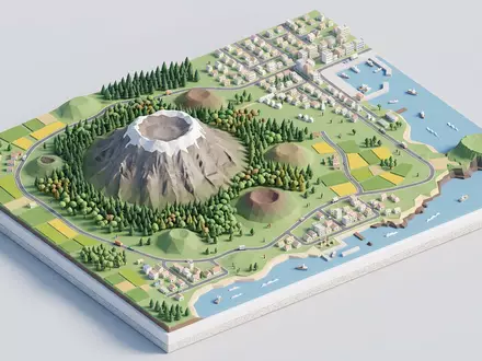 Isometrisches Diorama von Hallasan Jeju und Umgebung in Jeju Südkorea, verspielte Low-Poly-Kulisse in Pastellfarben - Foto: THN