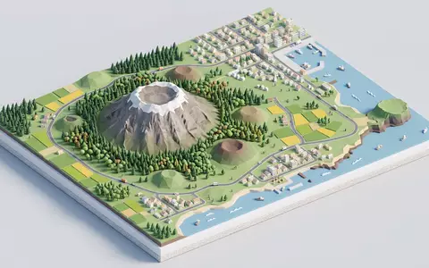 Isometrisches Diorama von Hallasan Jeju und Umgebung in Jeju Südkorea, verspielte Low-Poly-Kulisse in Pastellfarben - Foto: THN