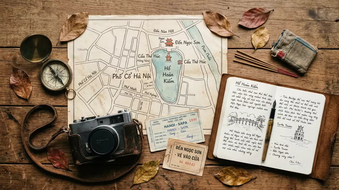 Flatlay-Reise-Arrangement rund um Hoan-Kiem-See Hanoi in Hanoi, Vietnam