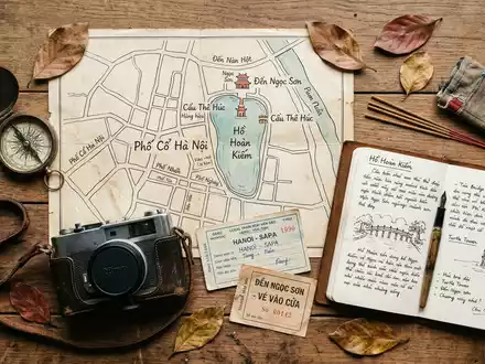 Flatlay-Reise-Arrangement rund um Hoan-Kiem-See Hanoi in Hanoi Vietnam, Karte Kompass Kamera und generische Reiserequisiten - Foto: THN
