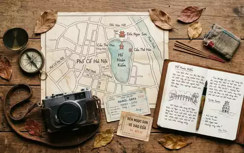 Flatlay-Reise-Arrangement rund um Hoan-Kiem-See Hanoi in Hanoi Vietnam, Karte Kompass Kamera und generische Reiserequisiten - Foto: THN