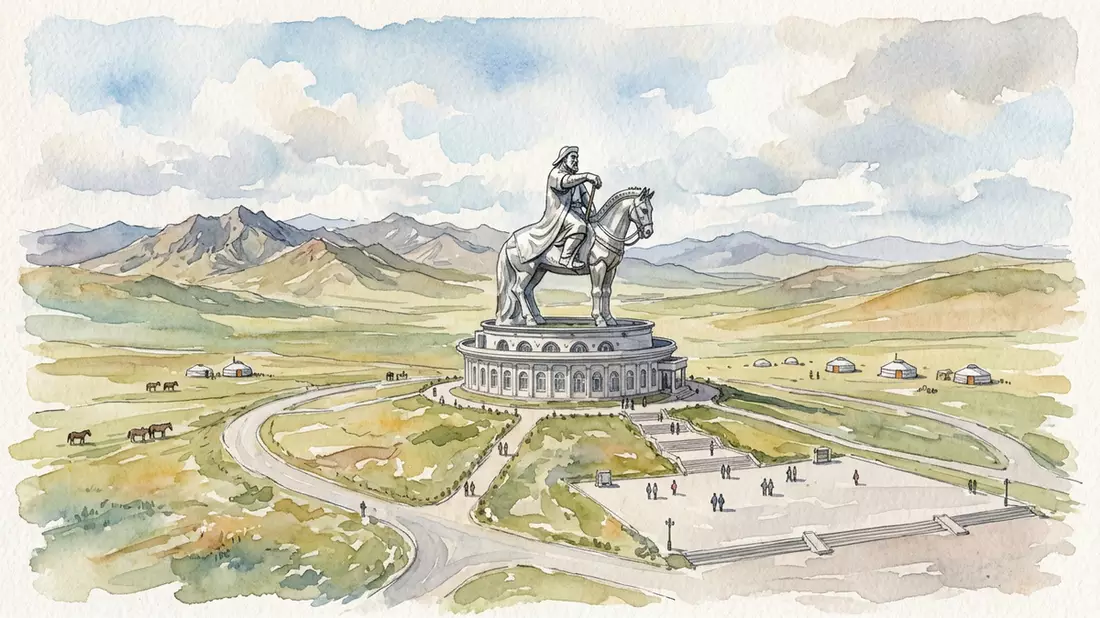 Aquarell-Illustration von Dschingis-Khan-Statue in Tsonjin Boldog, Mongolei als Reiseposter