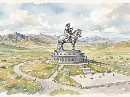 Aquarellillustration des Wahrzeichens Dschingis-Khan-Statue in Tsonjin Boldog Mongolei, weiche Farbverläufe und pastelliges Reiseposter-Feeling - Foto: THN