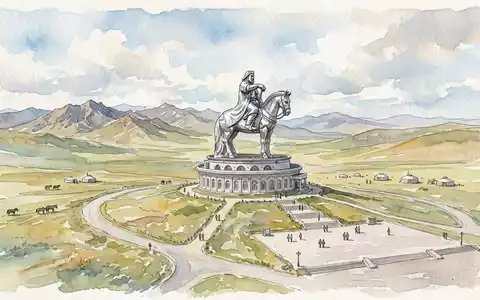 Aquarellillustration des Wahrzeichens Dschingis-Khan-Statue in Tsonjin Boldog Mongolei, weiche Farbverläufe und pastelliges Reiseposter-Feeling - Foto: THN