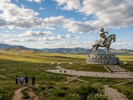 Editorialbild im Reisemagazin-Stil vom Wahrzeichen Dschingis-Khan-Statue in Tsonjin Boldog Mongolei, ausgewogene Bildgestaltung und natuerliches Umgebungslicht - Foto: THN