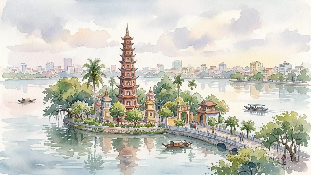 Aquarell-Illustration von Tran-Quoc-Pagode Hanoi in Hanoi, Vietnam als Reiseposter
