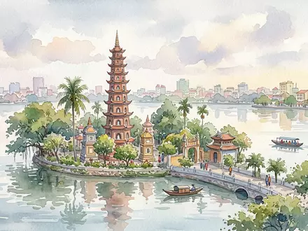 Aquarellillustration des Wahrzeichens Tran-Quoc-Pagode Hanoi in Hanoi Vietnam, weiche Farbverläufe und pastelliges Reiseposter-Feeling - Foto: THN