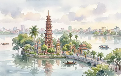 Aquarellillustration des Wahrzeichens Tran-Quoc-Pagode Hanoi in Hanoi Vietnam, weiche Farbverläufe und pastelliges Reiseposter-Feeling - Foto: THN