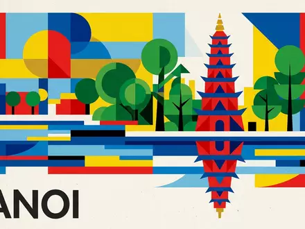 Bauhaus-Poster als geometrische Abstraktion von Tran-Quoc-Pagode Hanoi in Hanoi Vietnam, kraeftige Grundfarben und harte Formkanten - Foto: THN