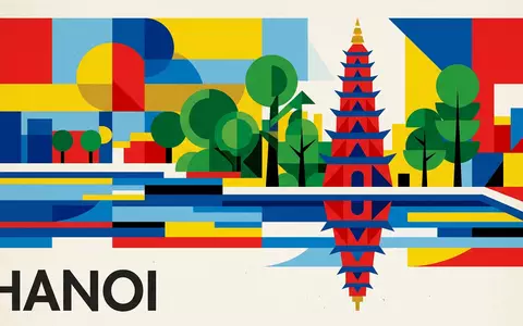 Bauhaus-Poster als geometrische Abstraktion von Tran-Quoc-Pagode Hanoi in Hanoi Vietnam, kraeftige Grundfarben und harte Formkanten - Foto: THN