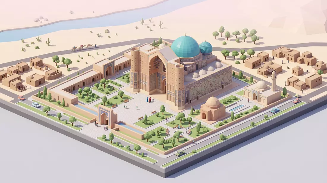 Isometrisches Diorama von Hodscha-Ahmed-Yasawi-Mausoleum in Turkistan, Kasachstan in Pastell
