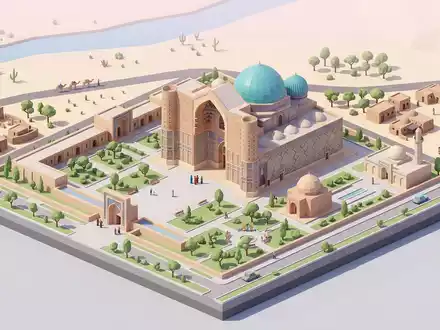 Isometrisches Diorama von Hodscha-Ahmed-Yasawi-Mausoleum und Umgebung in Turkistan Kasachstan, verspielte Low-Poly-Kulisse in Pastellfarben - Foto: THN