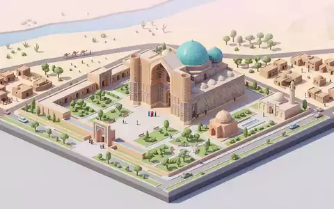 Isometrisches Diorama von Hodscha-Ahmed-Yasawi-Mausoleum und Umgebung in Turkistan Kasachstan, verspielte Low-Poly-Kulisse in Pastellfarben - Foto: THN