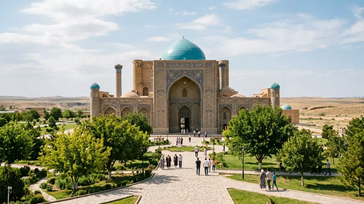 Editorial-Reisemagazinbild vom Wahrzeichen Hodscha-Ahmed-Yasawi-Mausoleum in Turkistan, Kasa…