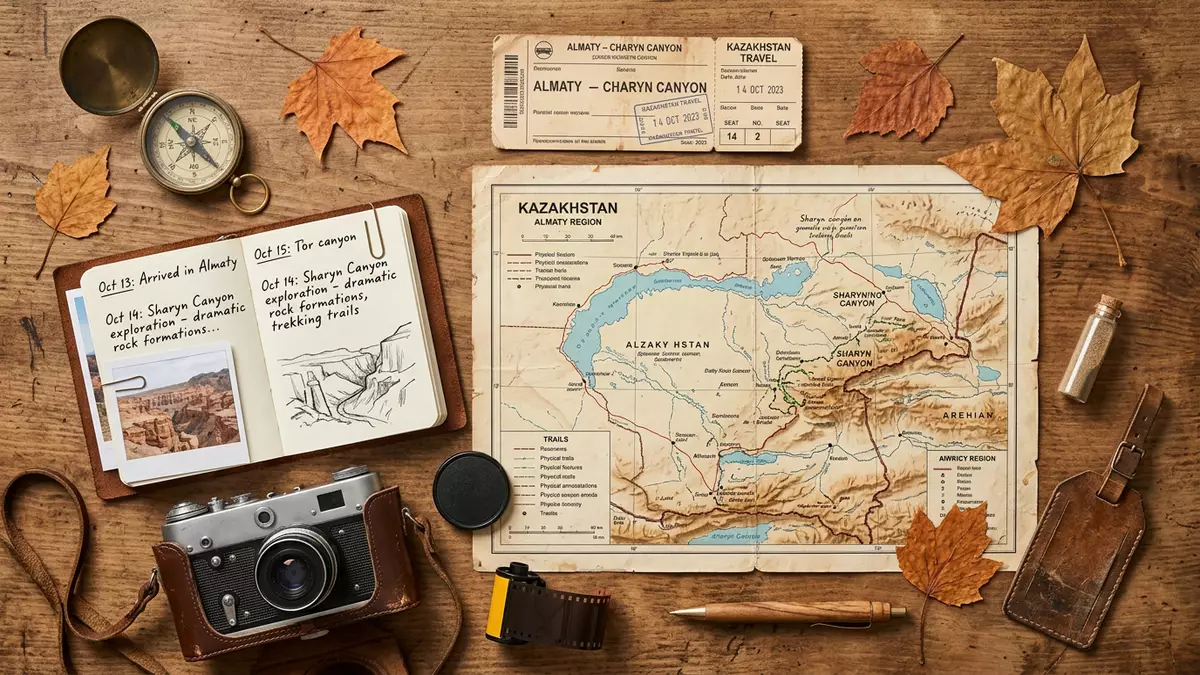 Flatlay-Reise-Arrangement rund um Charyn Canyon in Almaty, Kasachstan