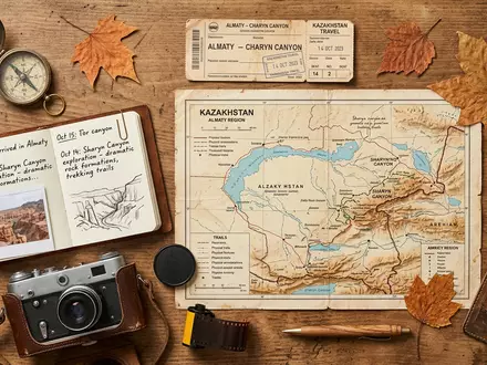 Flatlay-Reise-Arrangement rund um Charyn Canyon in Almaty Kasachstan, Karte Kompass Kamera und generische Reiserequisiten - Foto: THN
