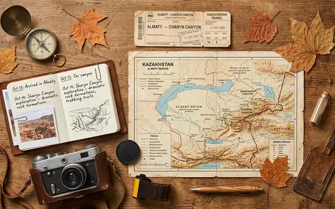 Flatlay-Reise-Arrangement rund um Charyn Canyon in Almaty Kasachstan, Karte Kompass Kamera und generische Reiserequisiten - Foto: THN