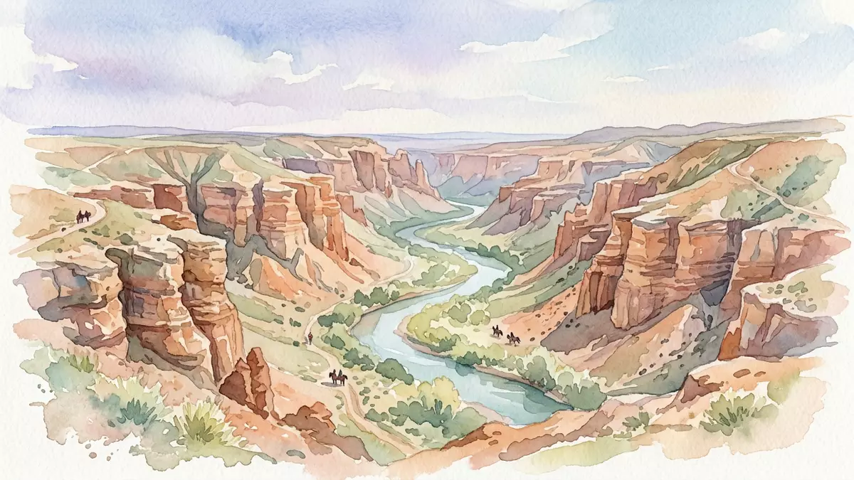Aquarell-Illustration von Charyn Canyon in Almaty, Kasachstan als Reiseposter