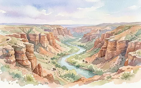Aquarellillustration des Wahrzeichens Charyn Canyon in Almaty Kasachstan, weiche Farbverläufe und pastelliges Reiseposter-Feeling - Foto: THN