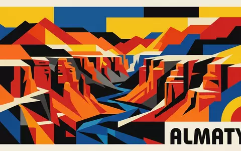 Bauhaus-Poster als geometrische Abstraktion von Charyn Canyon in Almaty Kasachstan, kraeftige Grundfarben und harte Formkanten - Foto: THN