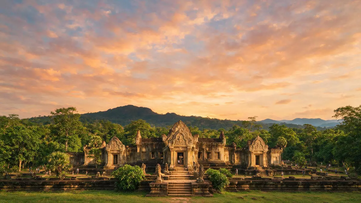 Fotorealistische Ansicht von Vat Phou in Champasak, Laos im Abendlicht