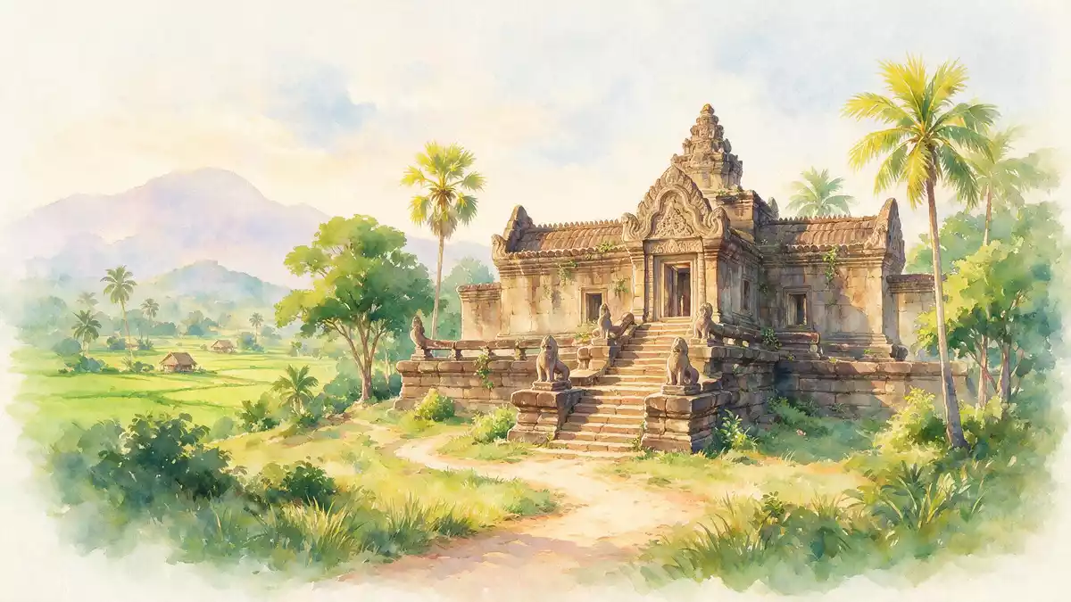 Aquarell-Illustration von Vat Phou in Champasak, Laos als Reiseposter