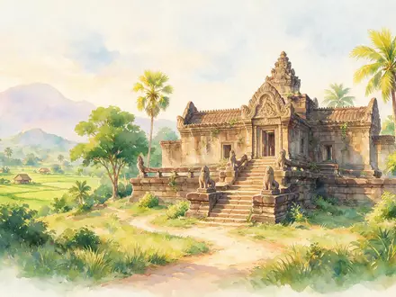 Aquarellillustration des Wahrzeichens Vat Phou in Champasak Laos, weiche Farbverläufe und pastelliges Reiseposter-Feeling - Foto: THN