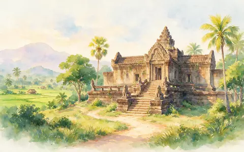 Aquarellillustration des Wahrzeichens Vat Phou in Champasak Laos, weiche Farbverläufe und pastelliges Reiseposter-Feeling - Foto: THN