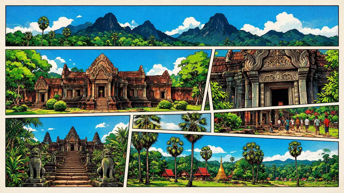Pop-Art-Comic von Vat Phou in Champasak, Laos mit Rasterpunkten
