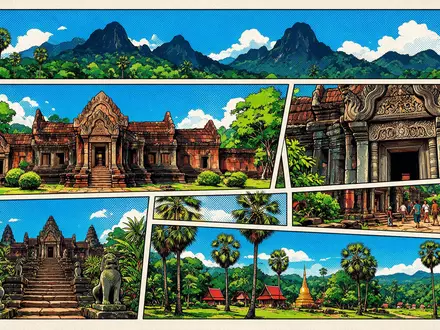 Pop-Art-Comicillustration des Wahrzeichens Vat Phou in Champasak Laos, kraeftige Konturen Rasterpunkte und satte Farben - Foto: THN