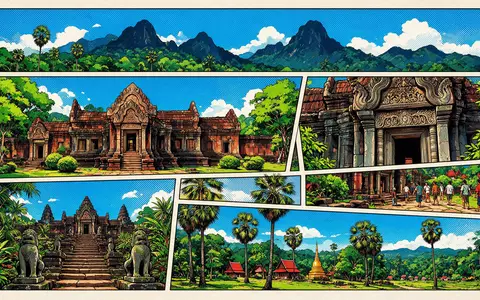 Pop-Art-Comicillustration des Wahrzeichens Vat Phou in Champasak Laos, kraeftige Konturen Rasterpunkte und satte Farben - Foto: THN