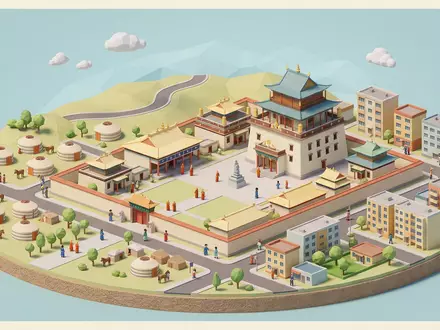 Isometrisches Diorama von Gandan-Kloster Ulaanbaatar und Umgebung in Ulaanbaatar Mongolei, verspielte Low-Poly-Kulisse in Pastellfarben - Foto: THN