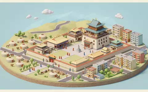 Isometrisches Diorama von Gandan-Kloster Ulaanbaatar und Umgebung in Ulaanbaatar Mongolei, verspielte Low-Poly-Kulisse in Pastellfarben - Foto: THN