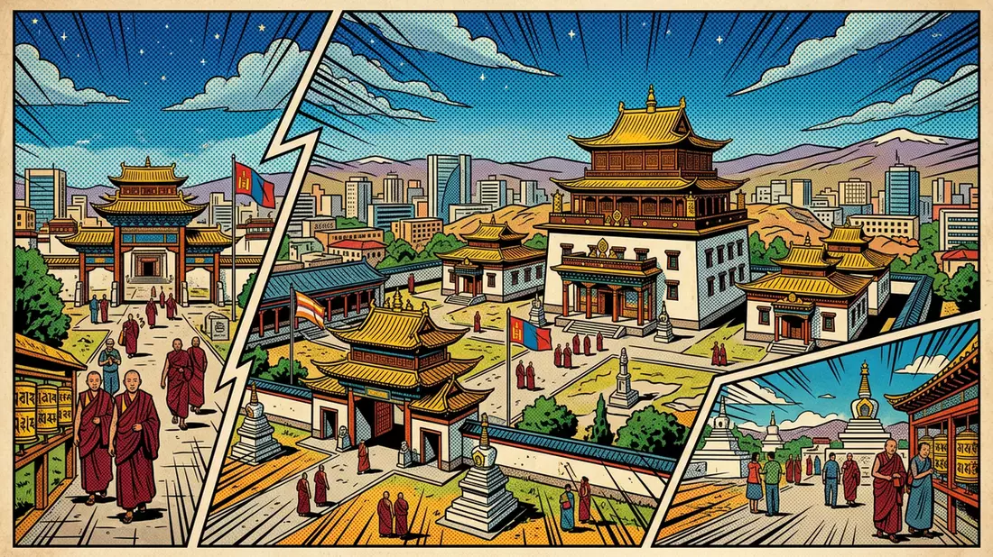 Pop-Art-Comic von Gandan-Kloster Ulaanbaatar in Ulaanbaatar, Mongolei mit Rasterpunkten