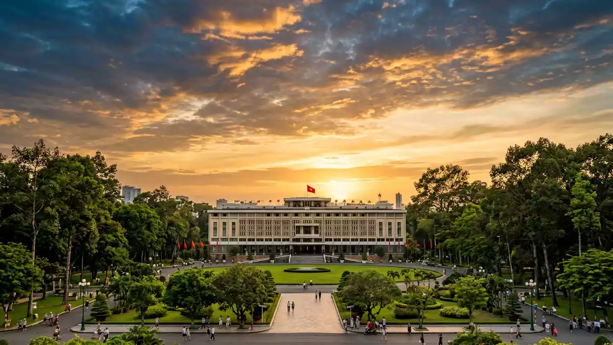 Fotorealistische Ansicht von Wiedervereinigungspalast Saigon in Ho-Chi-Minh-Stadt, Vietnam i…