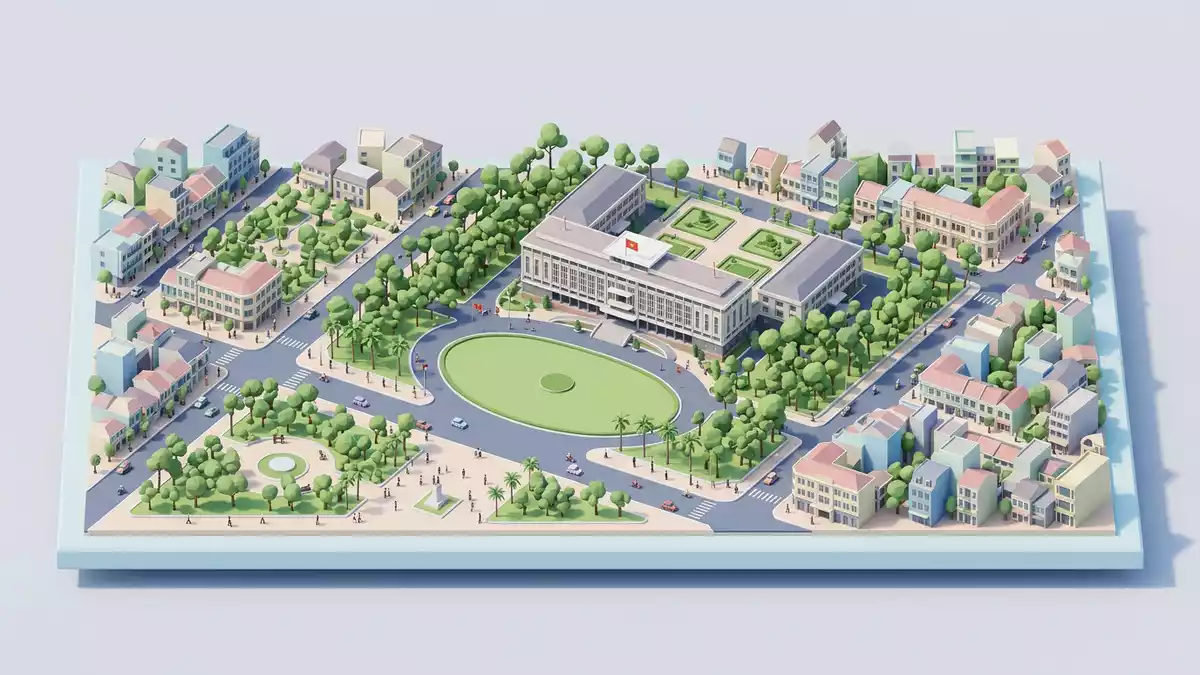 Isometrisches Diorama von Wiedervereinigungspalast Saigon in Ho-Chi-Minh-Stadt, Vietnam in P…