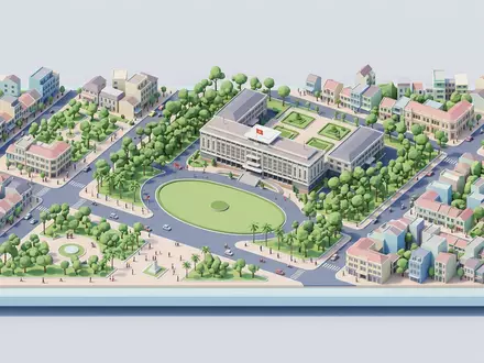 Isometrisches Diorama von Wiedervereinigungspalast Saigon und Umgebung in Ho-Chi-Minh-Stadt Vietnam, verspielte Low-Poly-Kulisse in Pastellfarben - Foto: THN