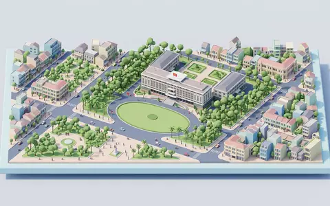 Isometrisches Diorama von Wiedervereinigungspalast Saigon und Umgebung in Ho-Chi-Minh-Stadt Vietnam, verspielte Low-Poly-Kulisse in Pastellfarben - Foto: THN