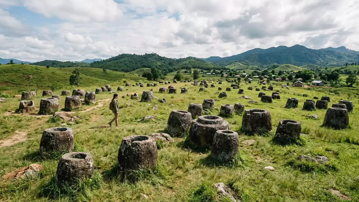 Editorial-Reisemagazinbild vom Wahrzeichen Ebene der Tonkrüge in Phonsavan, Laos