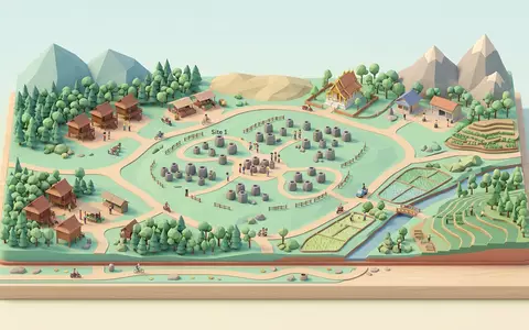Isometrisches Diorama von Ebene der Tonkrüge und Umgebung in Phonsavan Laos, verspielte Low-Poly-Kulisse in Pastellfarben - Foto: THN