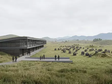 Moderner Architektur-Render zeigt Silhouette von Ebene der Tonkrüge in Phonsavan Laos, klare Linien und neutrales - Foto: THN