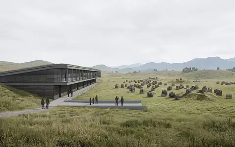 Moderner Architektur-Render zeigt Silhouette von Ebene der Tonkrüge in Phonsavan Laos, klare Linien und neutrales - Foto: THN