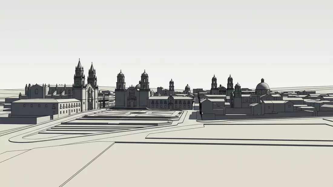 Architektur-Render von Sucre Altstadt in Sucre, Bolivien bei Tageslicht