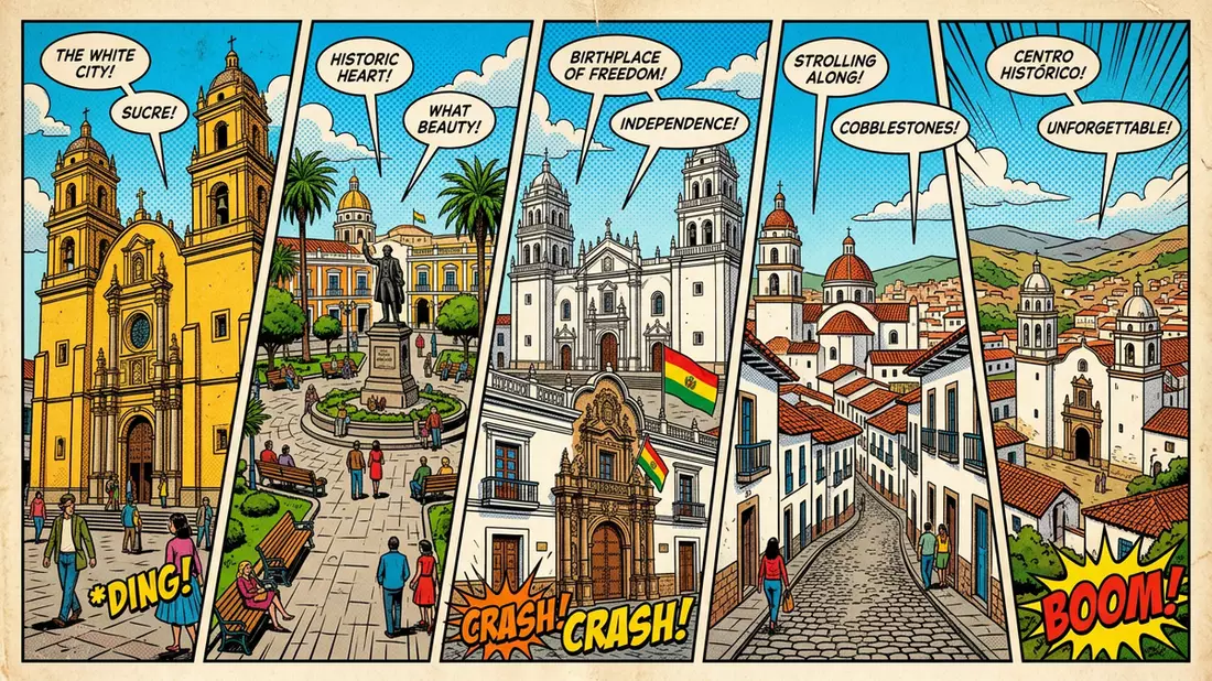 Pop-Art-Comic von Sucre Altstadt in Sucre, Bolivien mit Rasterpunkten