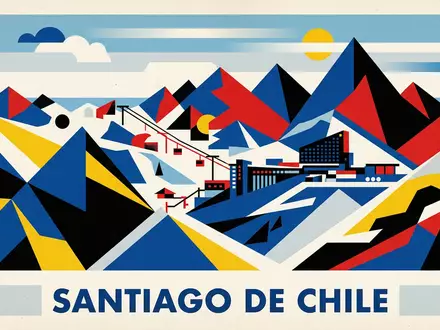 Bauhaus-Poster als geometrische Abstraktion von Valle Nevado in Santiago de Chile Chile, kraeftige Grundfarben und - Foto: THN