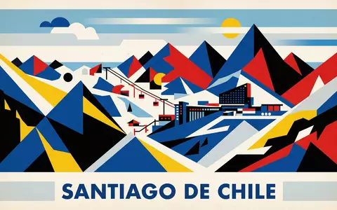 Bauhaus-Poster als geometrische Abstraktion von Valle Nevado in Santiago de Chile Chile, kraeftige Grundfarben und - Foto: THN
