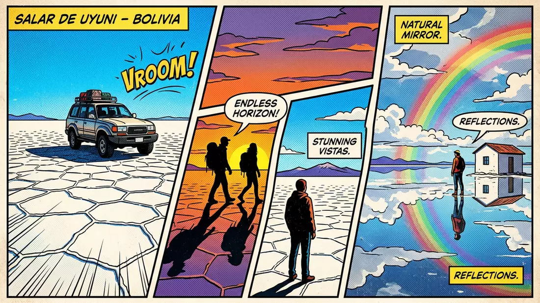 Pop-Art-Comic von Salar de Uyuni in Uyuni, Bolivien mit Rasterpunkten