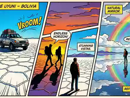 Pop-Art-Comicillustration des Wahrzeichens Salar de Uyuni in Uyuni Bolivien, kraeftige Konturen Rasterpunkte und satte Farben - Foto: THN